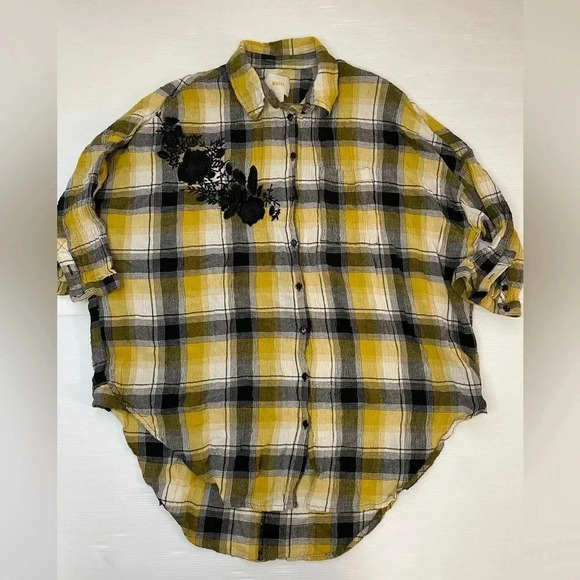 Anthropologie Maeve Embroidered Plaid Buttondown Yellow and Black Sz S Oversized - Picture 1 of 9